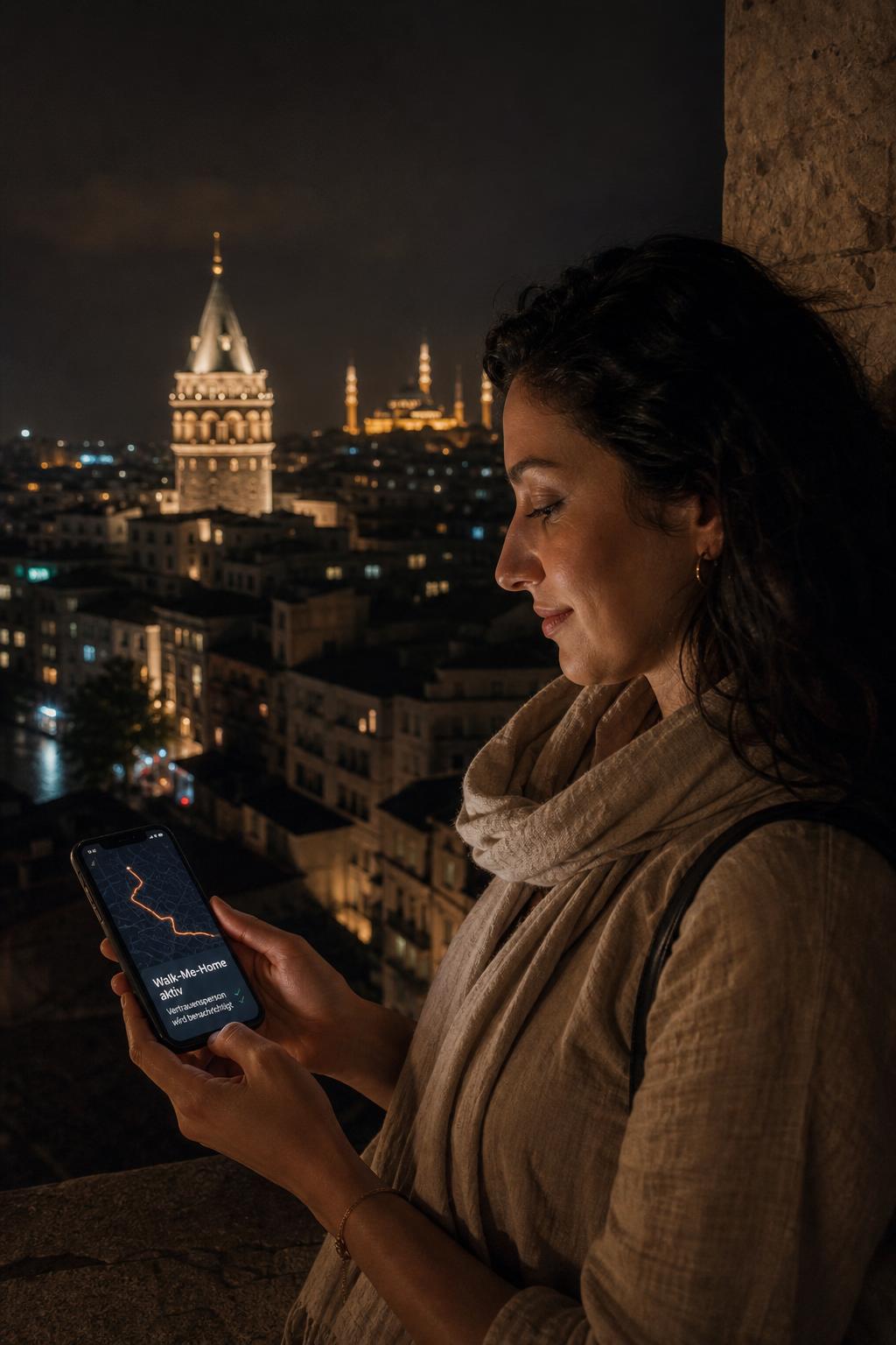 Frau in Istanbul bei Nacht nutzt DAYA Walk-Me-Home, Galata-Turm im Hintergrund