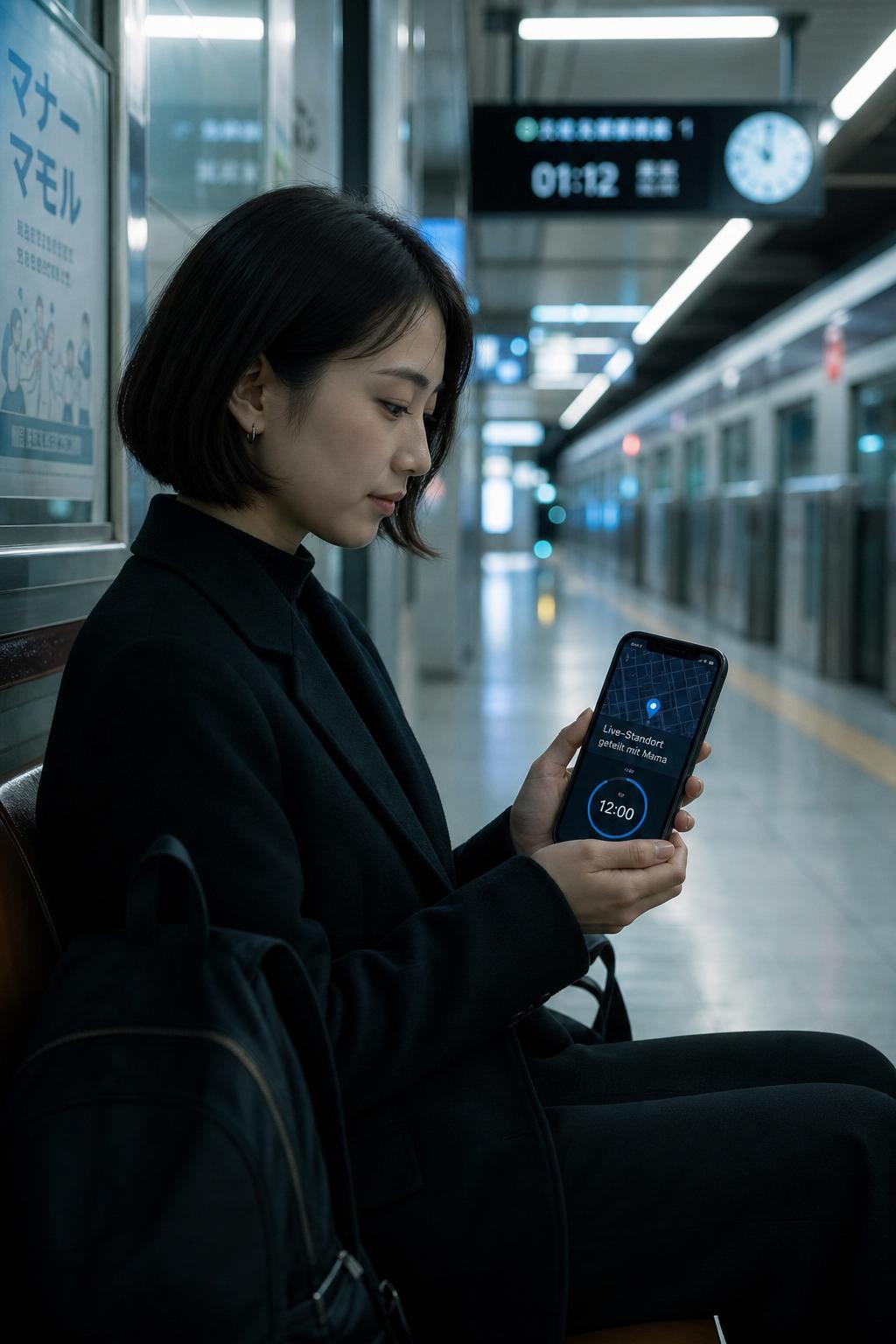 Frau in Tokio U-Bahn-Station teilt Live-Standort mit DAYA